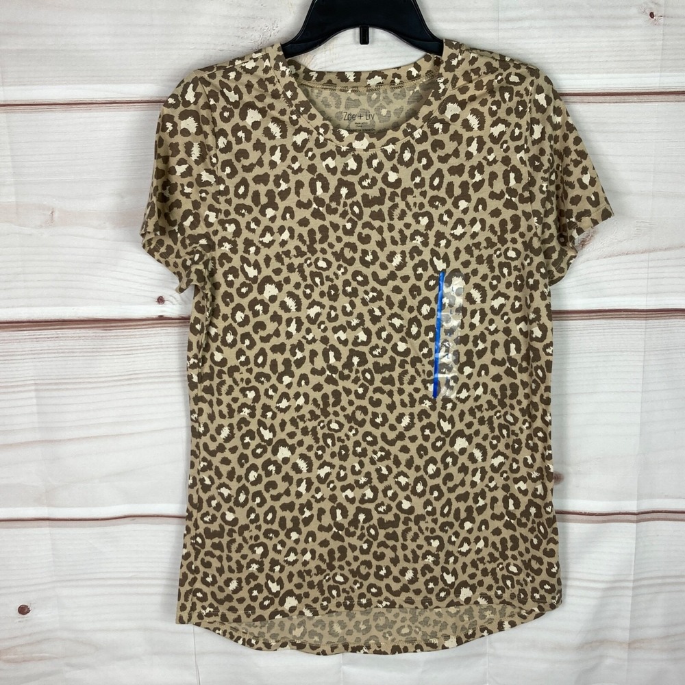Zoe+Live Top Womens L Brown Leopard Print Crew Neck T-Shirt‎ Short Sleeve Knit